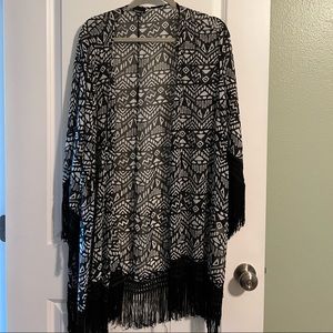 Black and White Geometric Kimono with Fringe